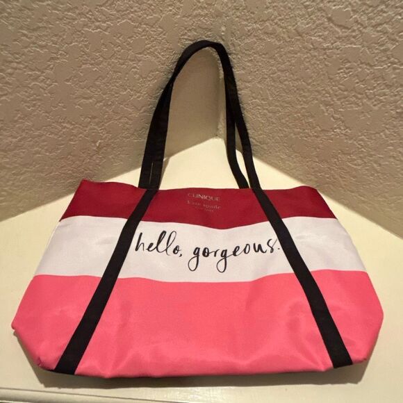 Clinique x Kate Spade Hello Gorgeous Tote Bag Pink Red Colorblock Stripe - Picture 4 of 8